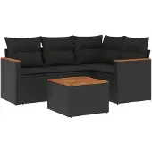 vidaXL 5-delige tuinmeubelset met kussens, zwart, polyrotan