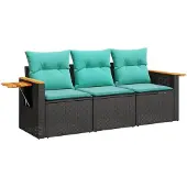 vidaXL 3-delige tuinmeubelset met kussens, zwart, polyrotan