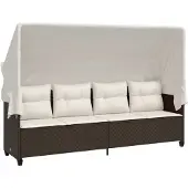 vidaXL Ligbed met luifel en kussens poly rattan bruin