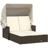 vidaXL Dubbele ligbed met zonnedak en kussens, bruin, polyrotan