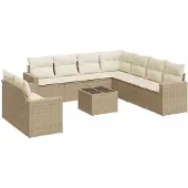 vidaXL 10-delige Loungeset met kussens poly rattan beige