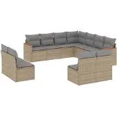 vidaXL 11-delige Tuinset met kussens poly rattan beige