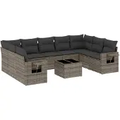 vidaXL 10-delige loungeset voor de tuin met kussens, grijs, polyrotan