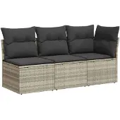 vidaXL Tuinbank met kussens, 3-zits, lichtgrijs, polyrotan