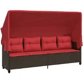 vidaXL Zonnebed met zonnedak en kussen, bruin, polyrotan