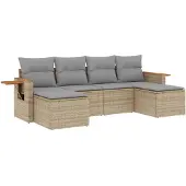 vidaXL 6-delige Loungeset met kussens poly rattan beige