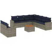 vidaXL 10-delige loungeset voor de tuin met kussens, grijs, polyrotan