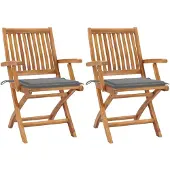 vidaXL Inklapbare stoelen 2 st met grijze kussens massief teakhout
