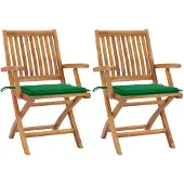 vidaXL Klapstoelen, 2 stuks, met groene kussens, gemaakt van massief teakhout