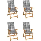 vidaXL Inklapbare stoelen 4 st met grijs geruite kussens