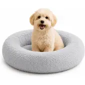 Belviona donut-hondenbed, knus hondenbed van pluche met zachte vulling, goede stabiliteit en een ergonomische rand, diameter 50 cm, lichtgrijs