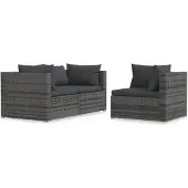 vidaXL 3-delige Loungeset met kussens poly rattan grijs