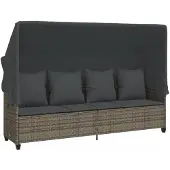 vidaXL - Ligbed - met - luifel - en - kussens - poly - rattan grijs