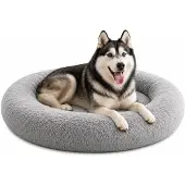 Belviona donut-hondenbed, knus hondenbed van pluche met zachte vulling, goede stabiliteit en een ergonomische rand, diameter 120 cm, lichtgrijs