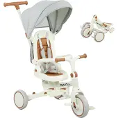 AIYAPLAY Driewieler 5-in-1 met duwstang, geschikt voor kinderen van 1-3 jaar, opvouwbaar, crèmekleurig