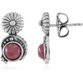 Cavill - Oorbellen - Geoxideerd 925 Sterling Zilver - 2,34 ct Rhodoniet Cabochon Rond - Boho Stijl & Elegante Natuurlijke Steen