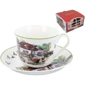 CARMANI Porseleinen Kop en Schotel - Landelijk Huisje (400ml)