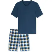 Schiesser Pyjama lang ' Casual Essentials ' donkerblauw / geel / wit