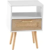 MODFU - Bedtafel - Rattan - Schublade - Massief Hout - Wit Natuurlijk