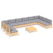 vidaXL 11-delige Loungeset met grijze kussens massief grenenhout