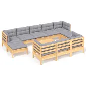 vidaXL 11-delige loungeset voor de tuin met grijze kussens, gemaakt van massief grenenhout