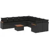 vidaXL 11-delige tuinmeubelset met kussens, zwart, polyrotan