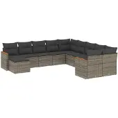 vidaXL 11-delige loungeset voor de tuin met kussens, grijs, polyrotan