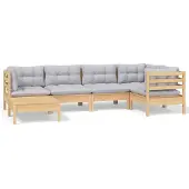 vidaXL 6-delige loungeset voor de tuin met grijze kussens, gemaakt van massief grenenhout