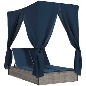 vidaXL Ligbed tweepersoons met dak en gordijn poly rattan grijs