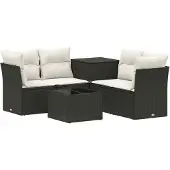 vidaXL Bankstel 6 st Zwart en Crème Wit Poly Rattan en Staal