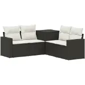 vidaXL Bankstel 5 st Zwart en Crème Wit Poly Rattan en Staal