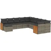 vidaXL 11-delige loungeset voor de tuin met kussens, grijs, polyrotan