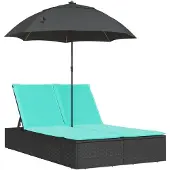 vidaXL Ligbed 2-persoons met kussens en parasol poly rattan zwart