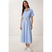 Happiness İstanbul Gestrikt Poplin Shirt Midi Jurk