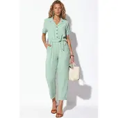 Big Dart Effen Geweven Jumpsuit met Kraag en Strikdetail