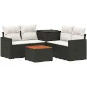 vidaXL Bankstel 6 st Zwart en Crème Wit Poly Rattan en Staal