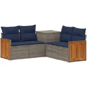 vidaXL Bankstel 5 st Grijs en Marineblauw Poly Rattan en Staal