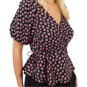 Brave Soul Dames/Dames V Hals Pofmouw Wikkel Top (Zwart/roze)
