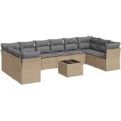 vidaXL 11-delige Tuinset met kussens poly rattan beige