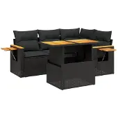 vidaXL 5-delige tuinmeubelset met kussens, zwart, polyrotan