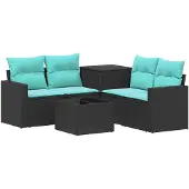 vidaXL Bankstel 6 st Zwart en Blauw Poly Rattan en Staal