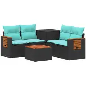 vidaXL Bankstel 6 st Zwart en Blauw Poly Rattan en Staal