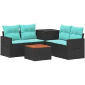 vidaXL Bankstel 6 st Zwart en Blauw Poly Rattan en Staal