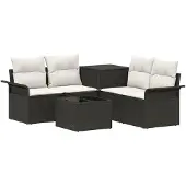 vidaXL Bankstel 6 st 4-zits Zwart en Crème Wit Poly Rattan en Staal