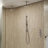 Saniclear Uni dubbele douche RVS look PVD met plafondarm, glijstang en staafhanddouche