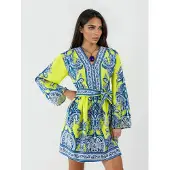 MSN Collection V-hals Paisley A-lijn Mini Jurk met Knopen