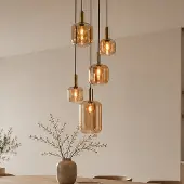 LumenXL 5-lichts hanglamp Cinque goud met amber glas