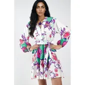MSN Collection Bloemvormige V-Hals A-Lijn Mini Jurk met Riem