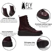 Fly london Dames Wijn Leren Veterhout Wighak Gevechtslaarzen - TERY554