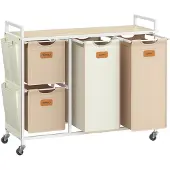Famanu – Wasmand met 4 compartimenten, 150 L, waswagen met plank en wielen